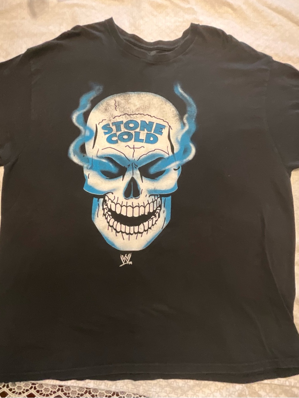 WWE Black Short Sleeve Tee with Blue & White 'Stone Cold' Skull Graphic